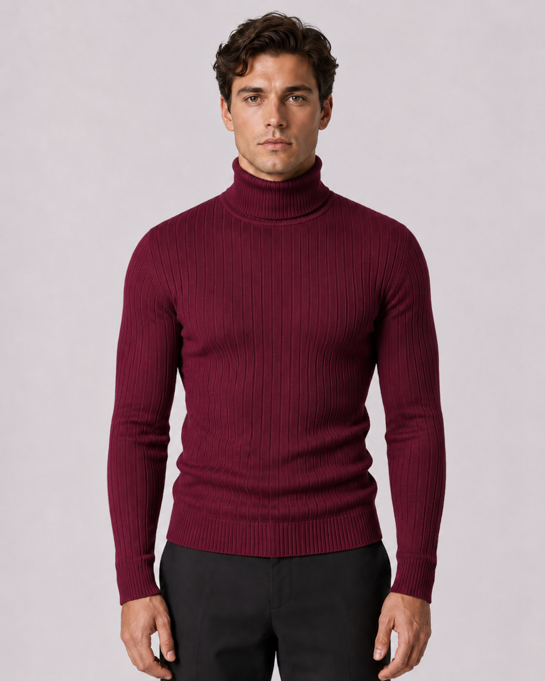 Men's Ribbed Turtleneck Sweater - Slim Fit Long Sleeve