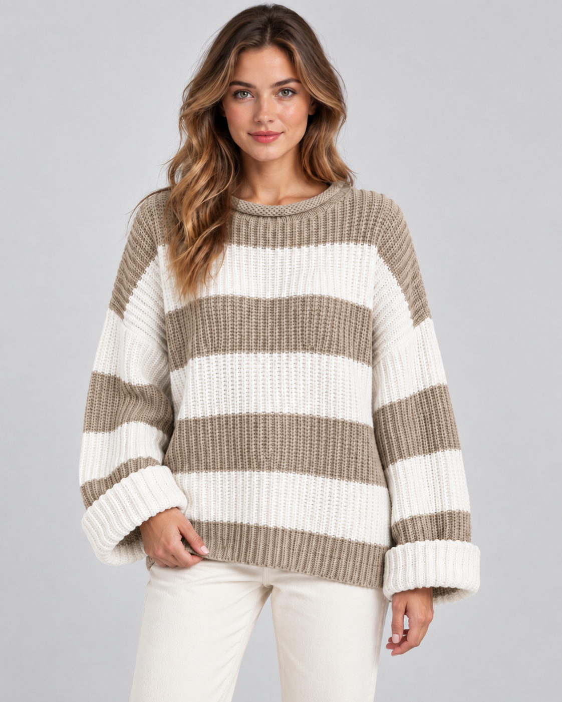Women's Chunky Knit Striped Sweater – Oversized Crew Neck