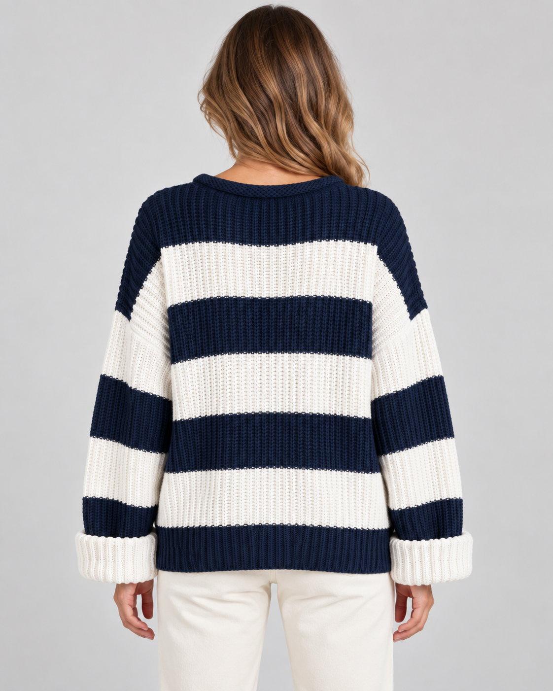 Women's Chunky Knit Striped Sweater – Oversized Crew Neck