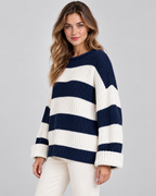 Women's Chunky Knit Striped Sweater – Oversized Crew Neck