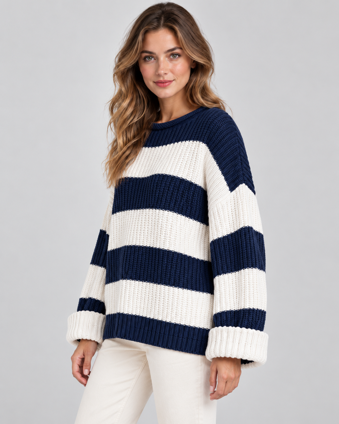 Women's Chunky Knit Striped Sweater – Oversized Crew Neck