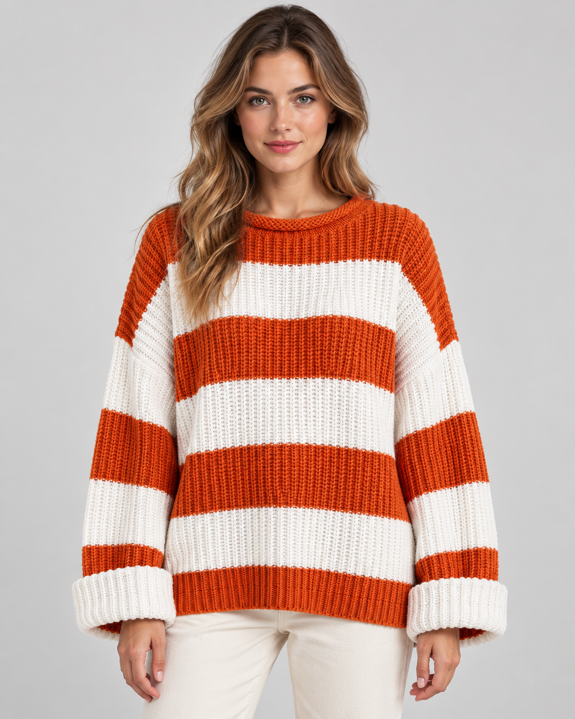 Women's Chunky Knit Striped Sweater – Oversized Crew Neck