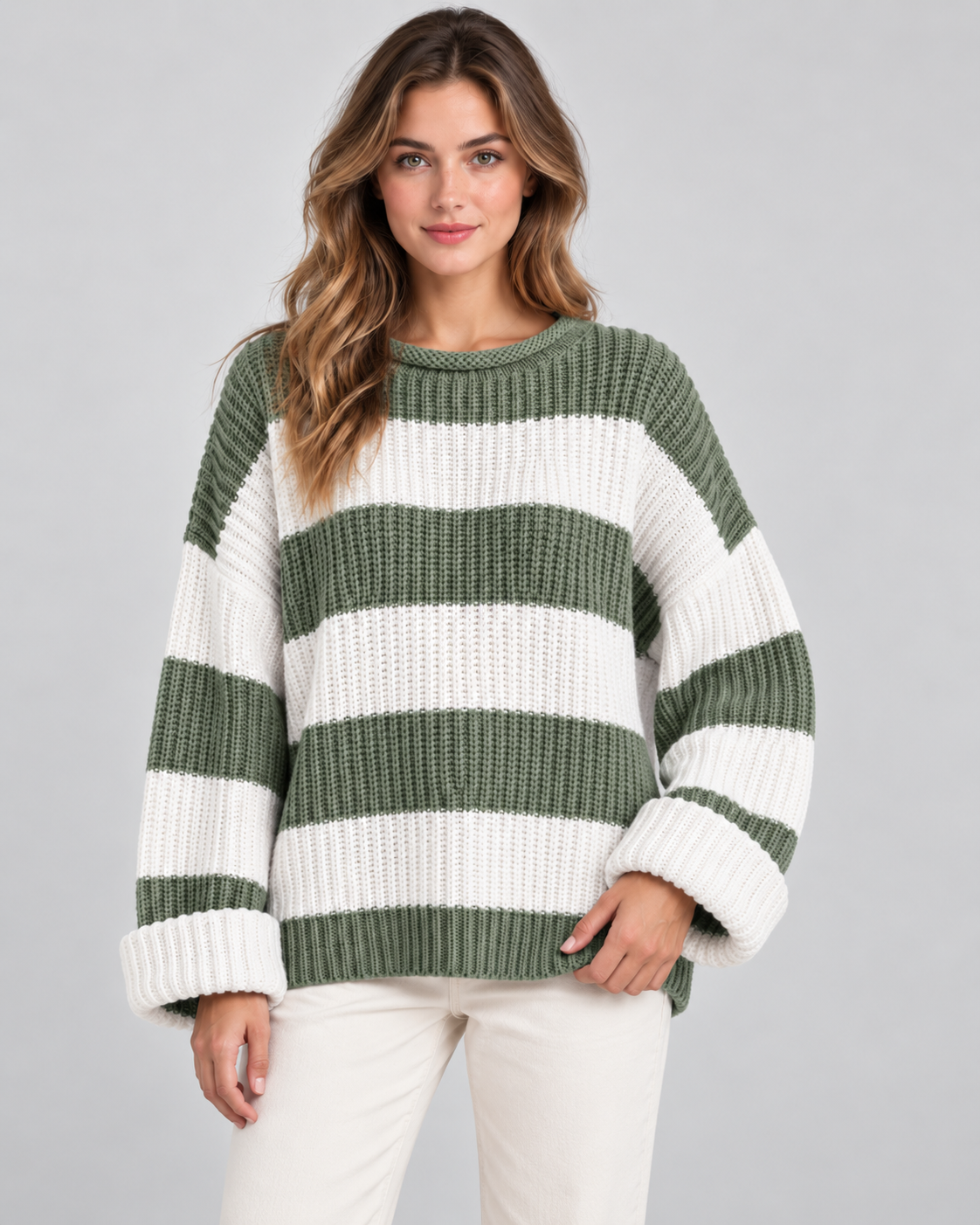 Women's Chunky Knit Striped Sweater – Oversized Crew Neck