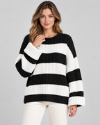 Women's Chunky Knit Striped Sweater – Oversized Crew Neck