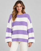 Women's Chunky Knit Striped Sweater – Oversized Crew Neck