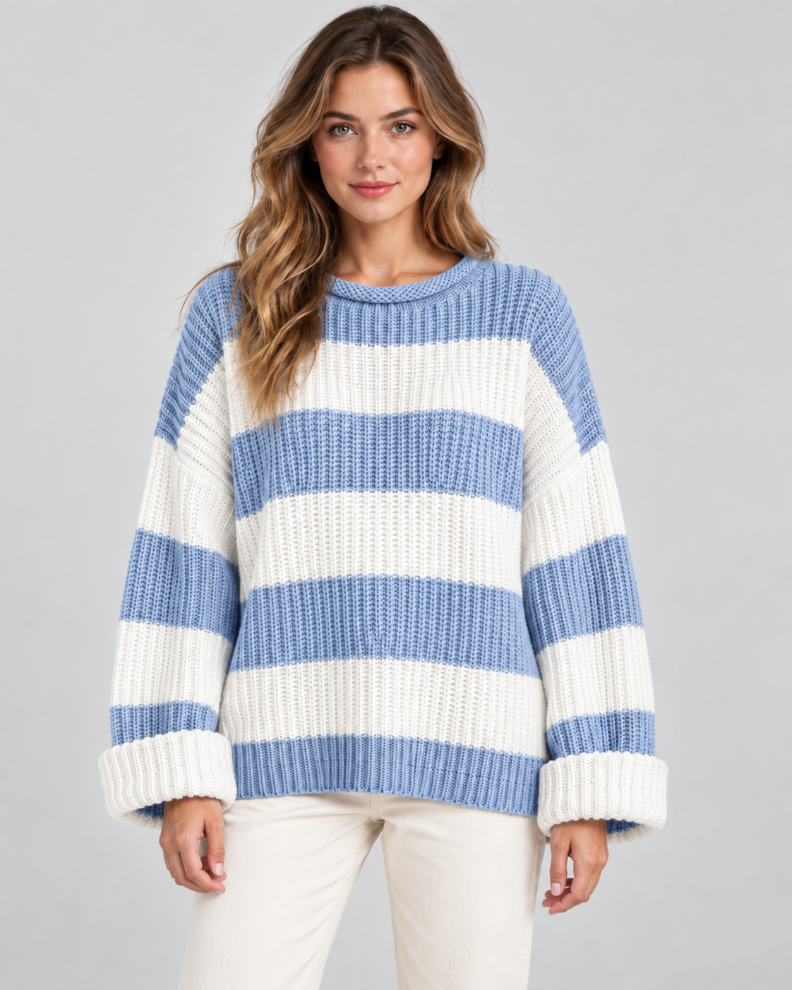 Women's Chunky Knit Striped Sweater – Oversized Crew Neck