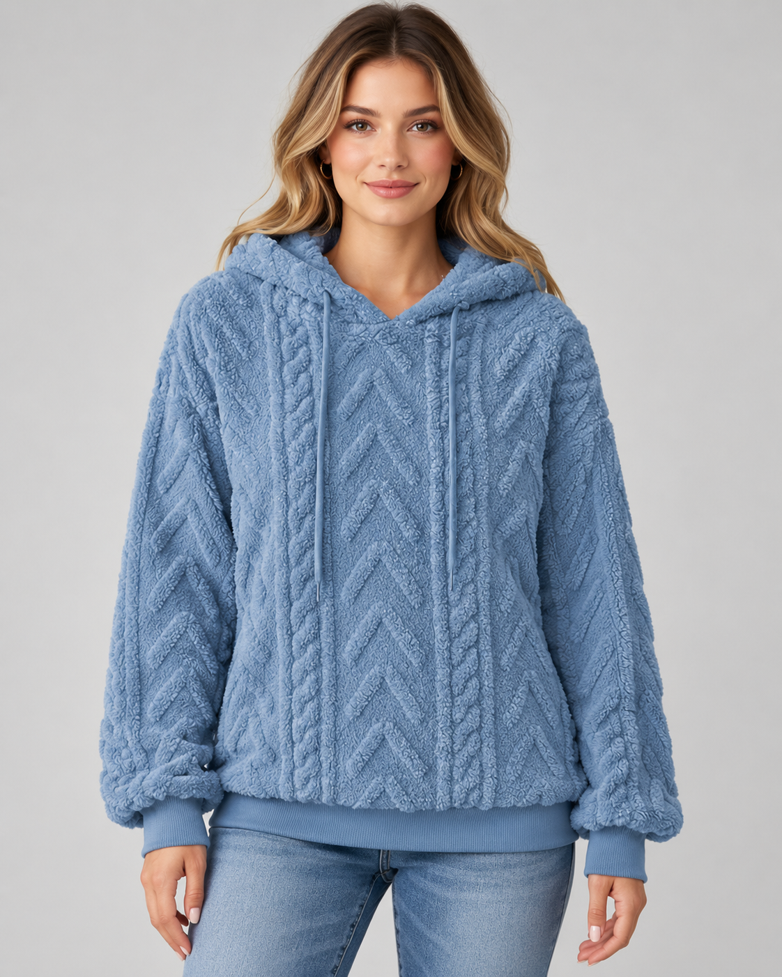 Women's Plush Textured Hoodie – Cable Pattern Relaxed Fit