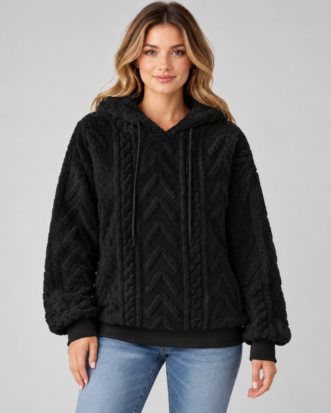 Women's Plush Textured Hoodie – Cable Pattern Relaxed Fit