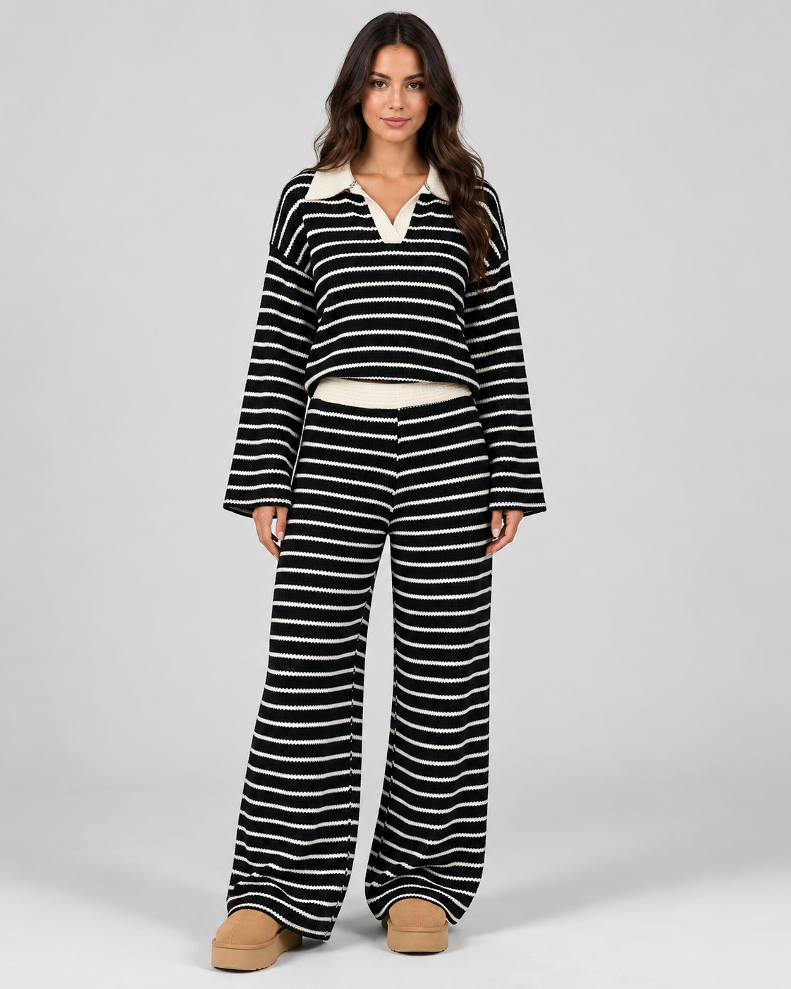 Women's Striped Knitted Two Piece Set – Polo Top & Wide Leg Pants
