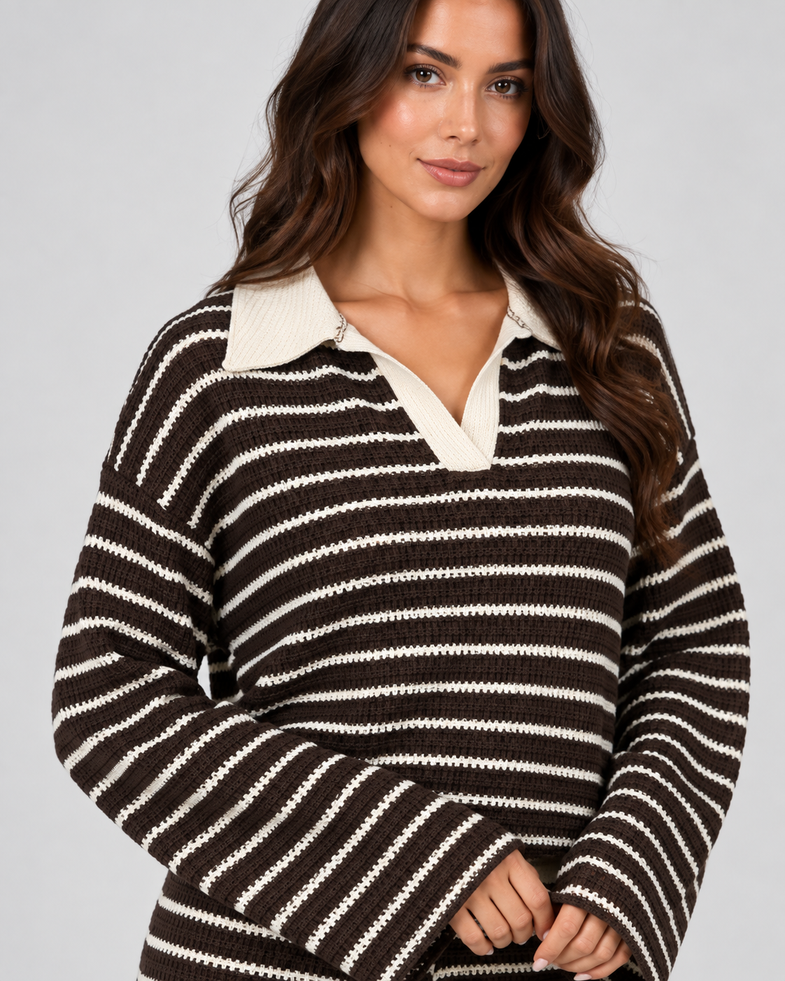 Women's Striped Knitted Two Piece Set – Polo Top & Wide Leg Pants