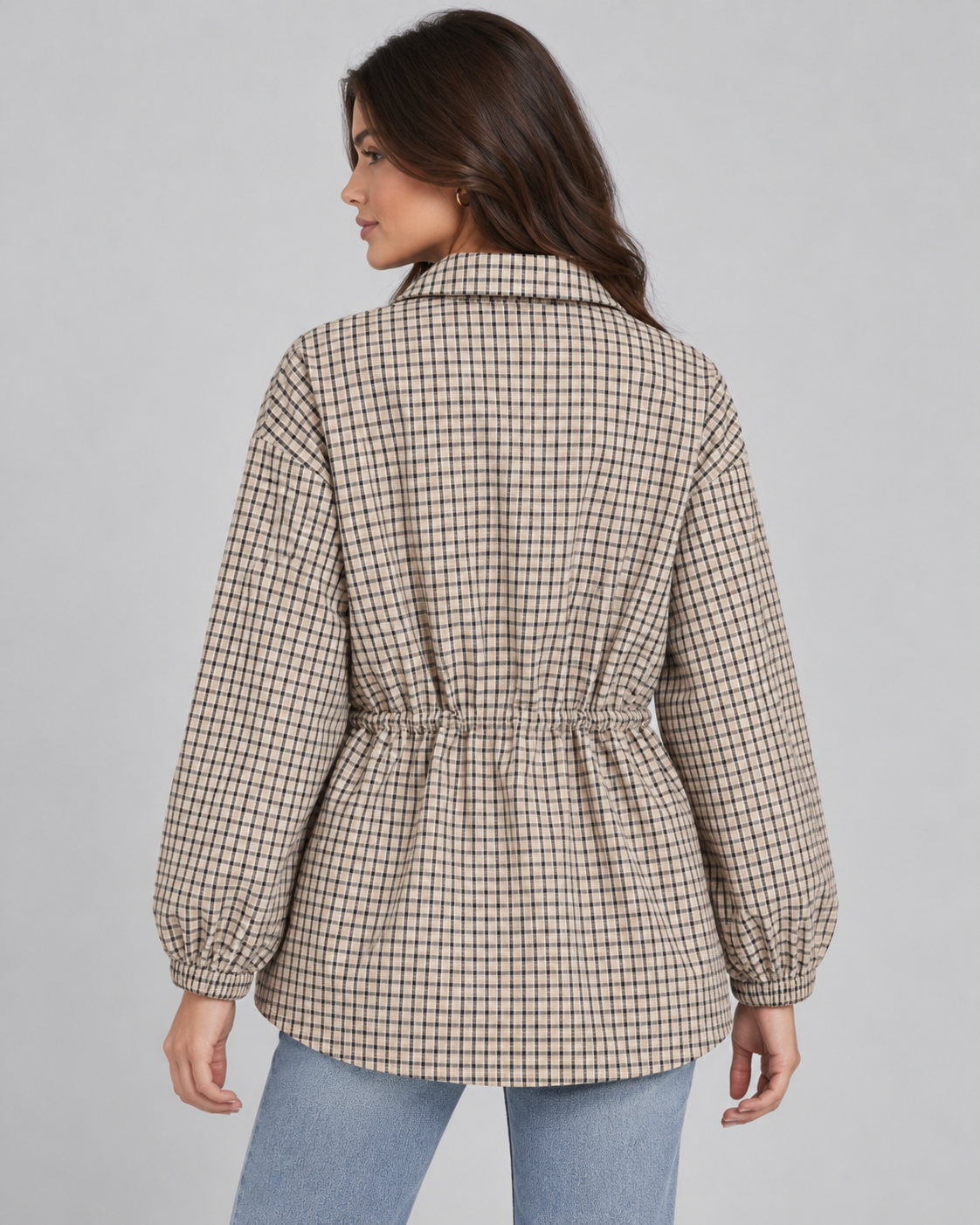 Plaid Utility Jacket - Snap-Front Drawstring Waist