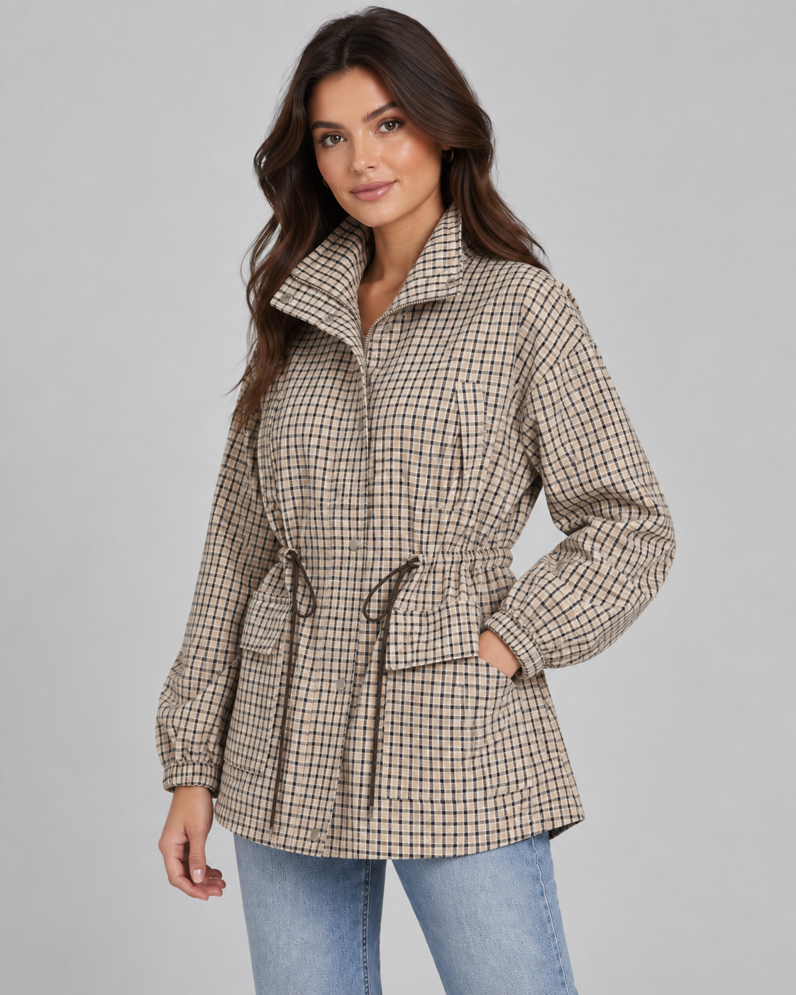 Plaid Utility Jacket - Snap-Front Drawstring Waist