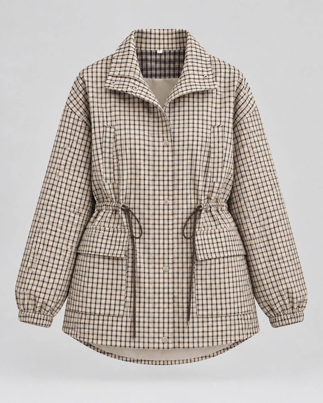 Plaid Utility Jacket - Snap-Front Drawstring Waist