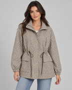 Plaid Utility Jacket - Snap-Front Drawstring Waist