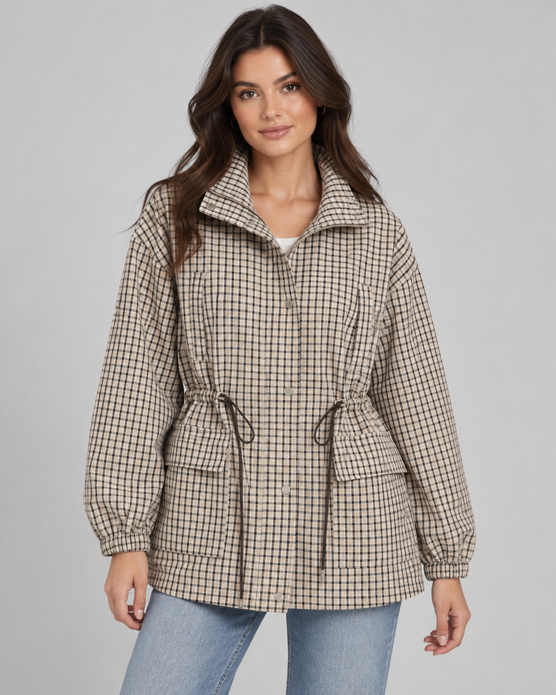 Plaid Utility Jacket - Snap-Front Drawstring Waist