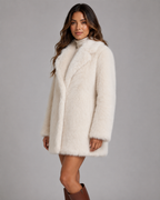 Plush Faux Fur Jacket - Shawl Collar Mid-Thigh Length