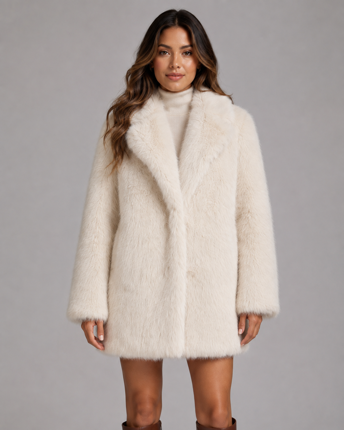 Plush Faux Fur Jacket - Shawl Collar Mid-Thigh Length
