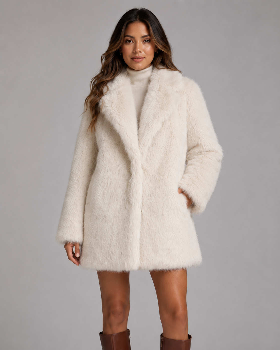 Plush Faux Fur Jacket - Shawl Collar Mid-Thigh Length