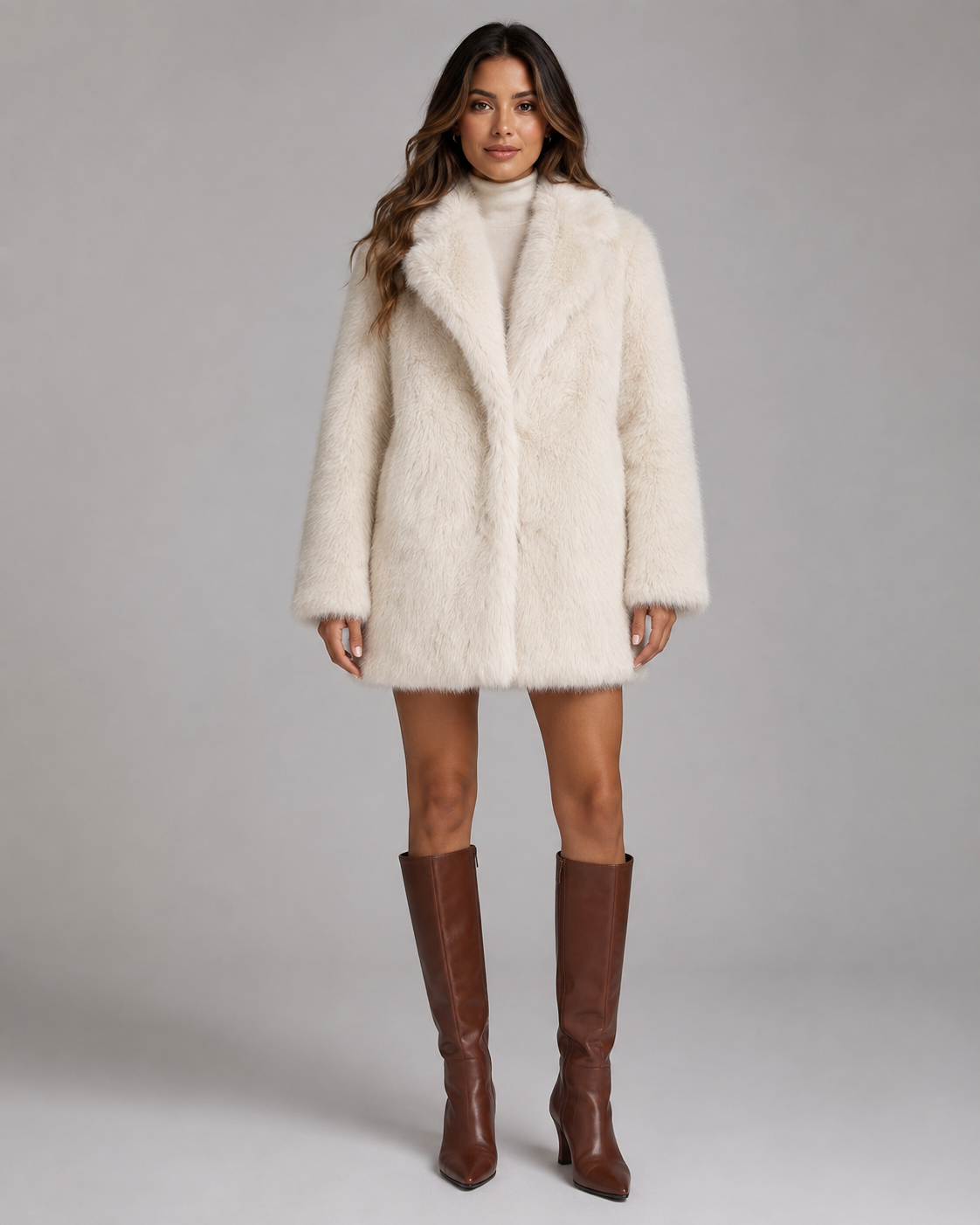 Plush Faux Fur Jacket - Shawl Collar Mid-Thigh Length