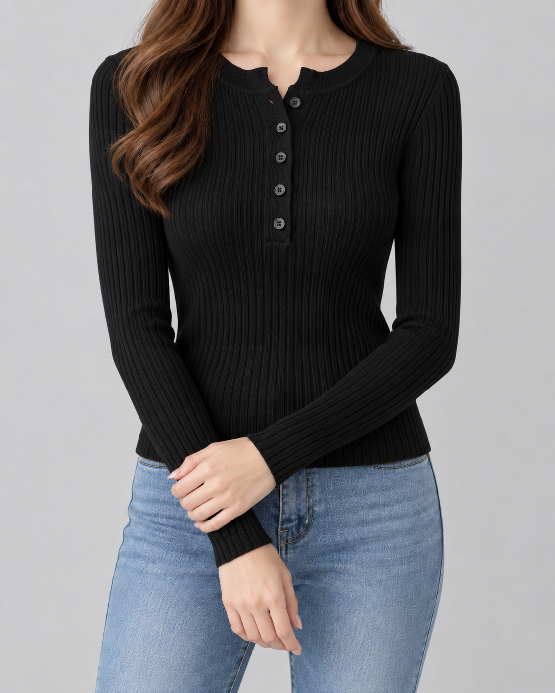 Ribbed Henley Sweater - Slim Fit Long Sleeve