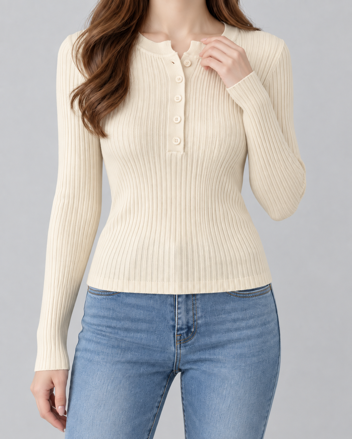 Ribbed Henley Sweater - Slim Fit Long Sleeve