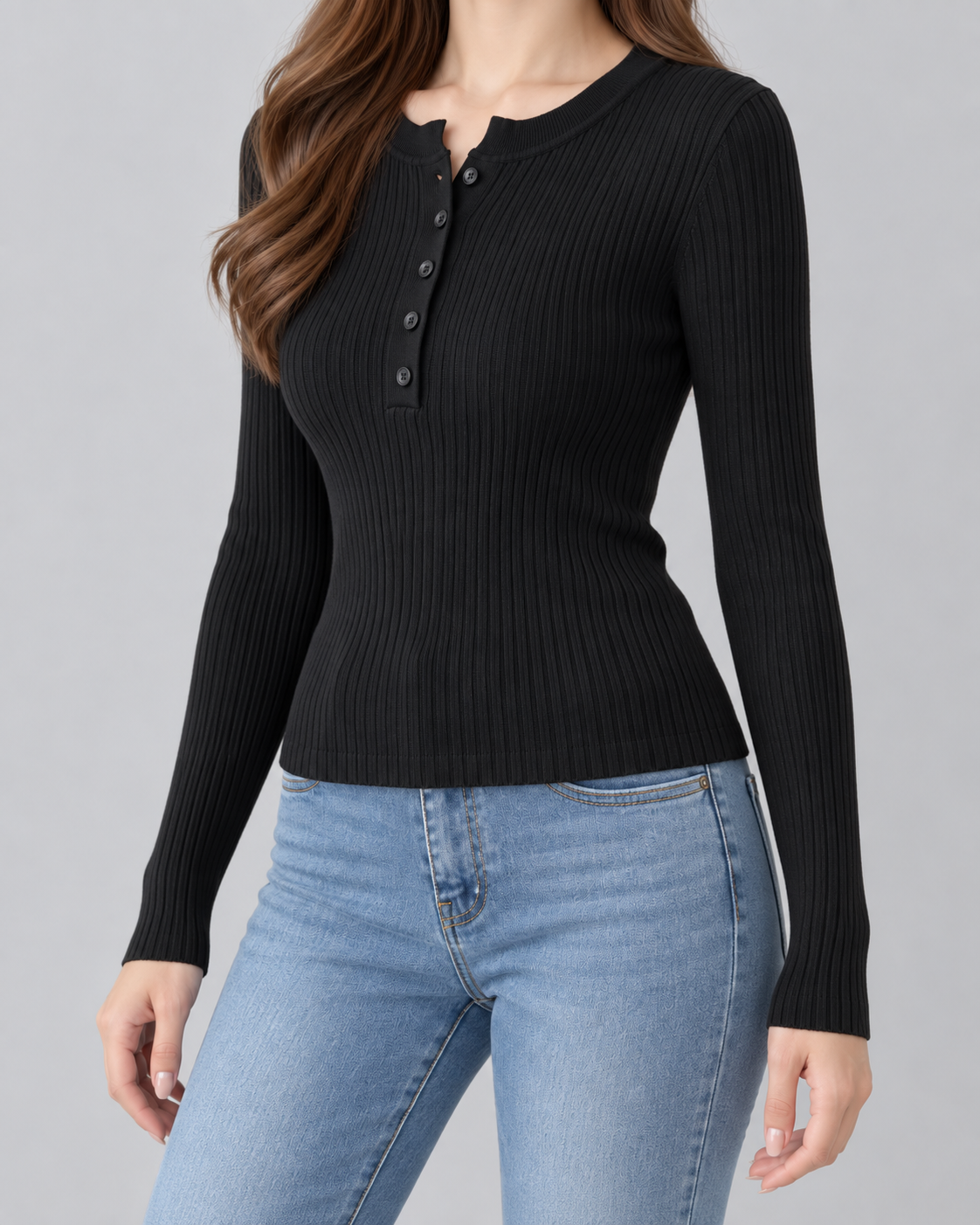 Ribbed Henley Sweater - Slim Fit Long Sleeve