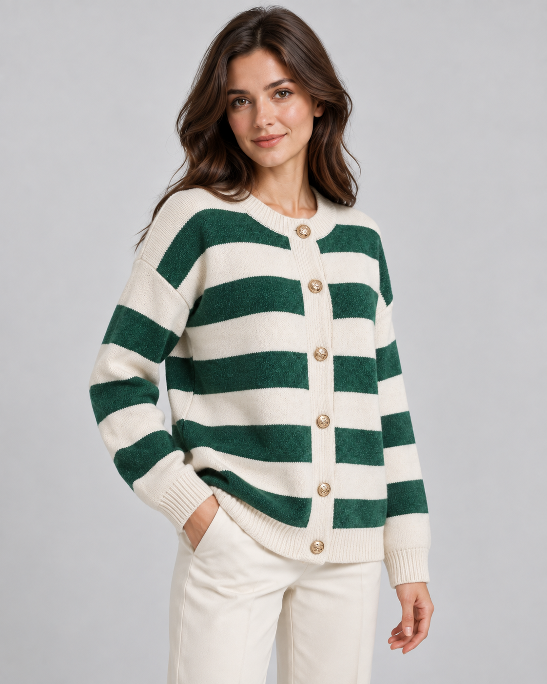 Striped Knit Cardigan - Gold Button Crew Neck