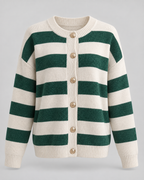 Striped Knit Cardigan - Gold Button Crew Neck