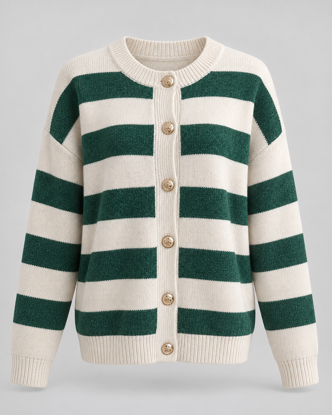 Striped Knit Cardigan - Gold Button Crew Neck