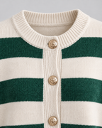 Striped Knit Cardigan - Gold Button Crew Neck