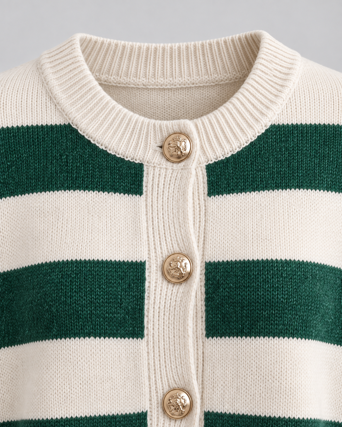 Striped Knit Cardigan - Gold Button Crew Neck