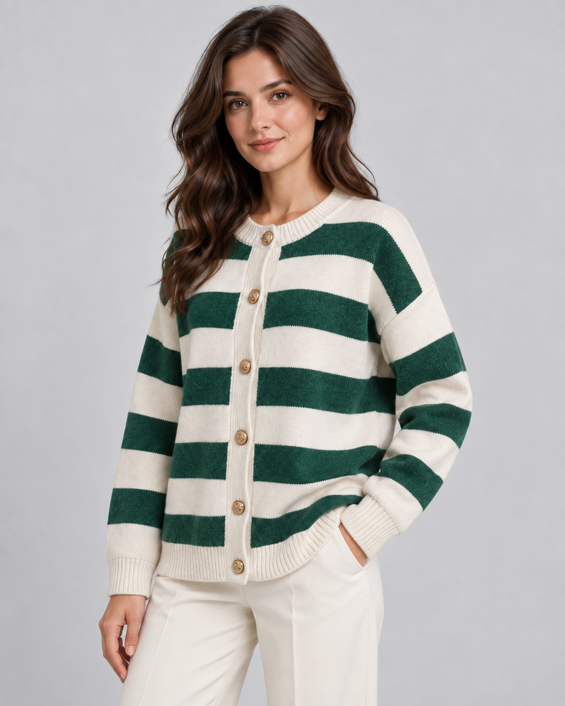 Striped Knit Cardigan - Gold Button Crew Neck