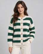 Striped Knit Cardigan - Gold Button Crew Neck