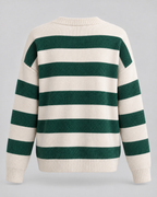 Striped Knit Cardigan - Gold Button Crew Neck