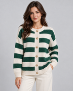 Striped Knit Cardigan - Gold Button Crew Neck