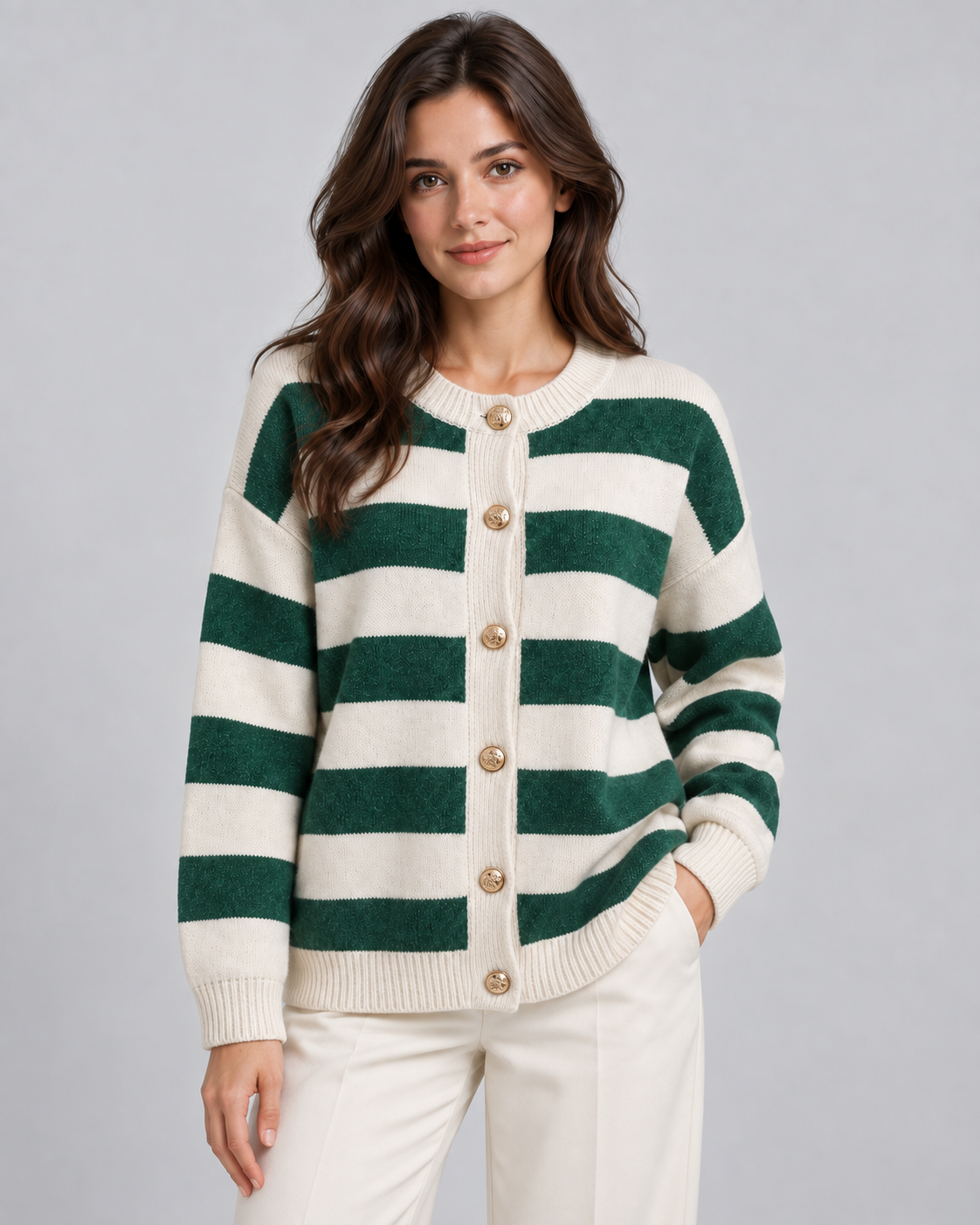 Striped Knit Cardigan - Gold Button Crew Neck