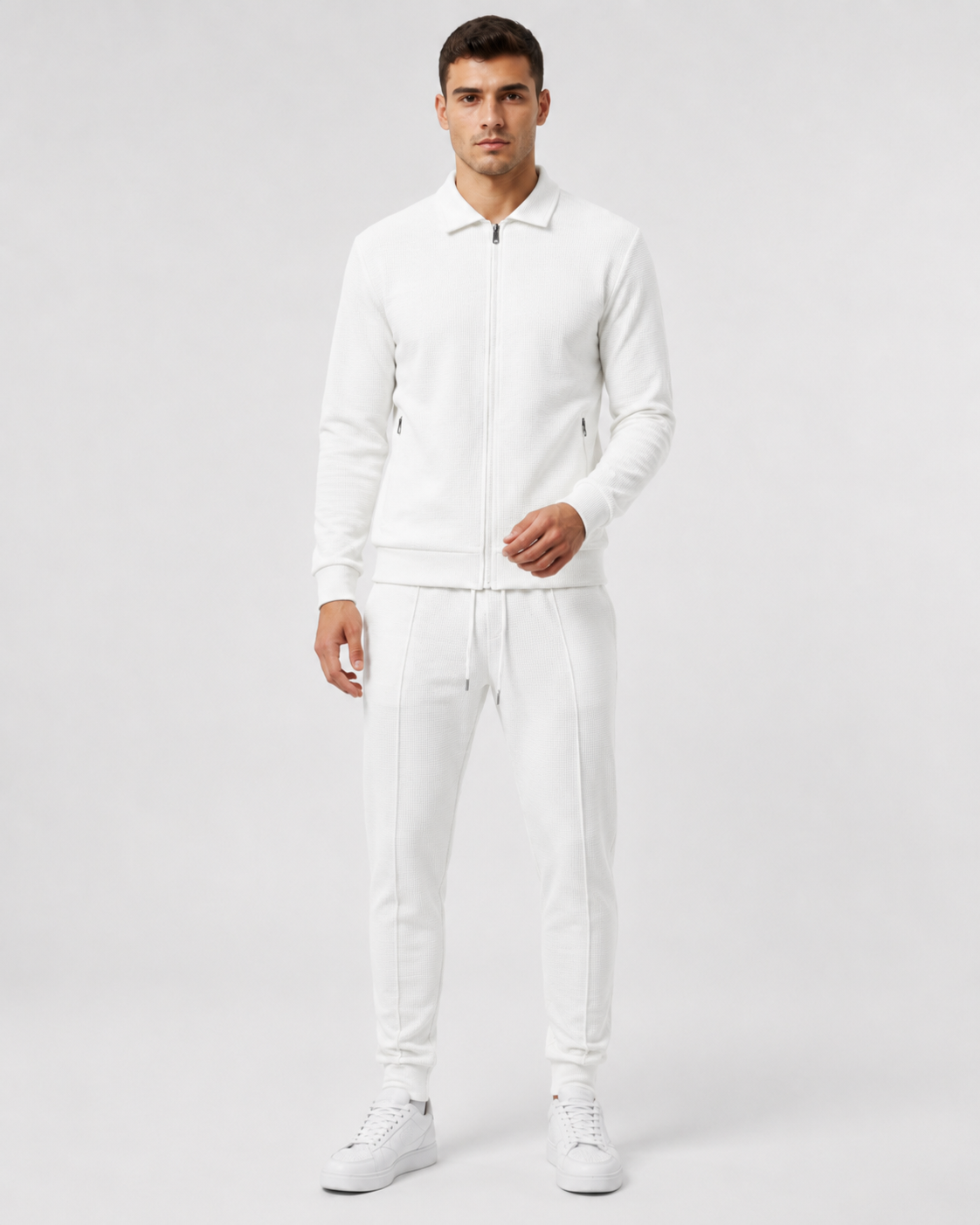 Waffle Knit Zip Tracksuit - Collared Top & Joggers