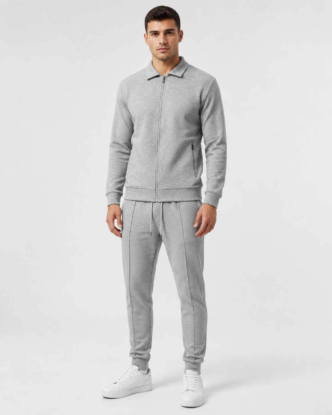 Waffle Knit Zip Tracksuit - Collared Top & Joggers