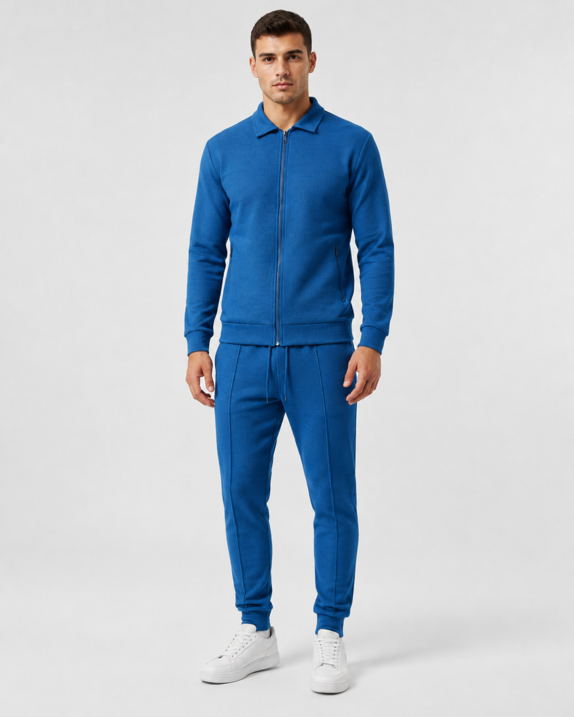 Waffle Knit Zip Tracksuit - Collared Top & Joggers