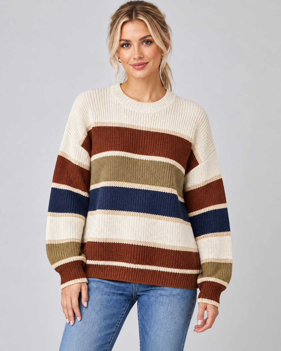 Women's Color Block Knit Sweater - Crew Neck Relaxed Fit