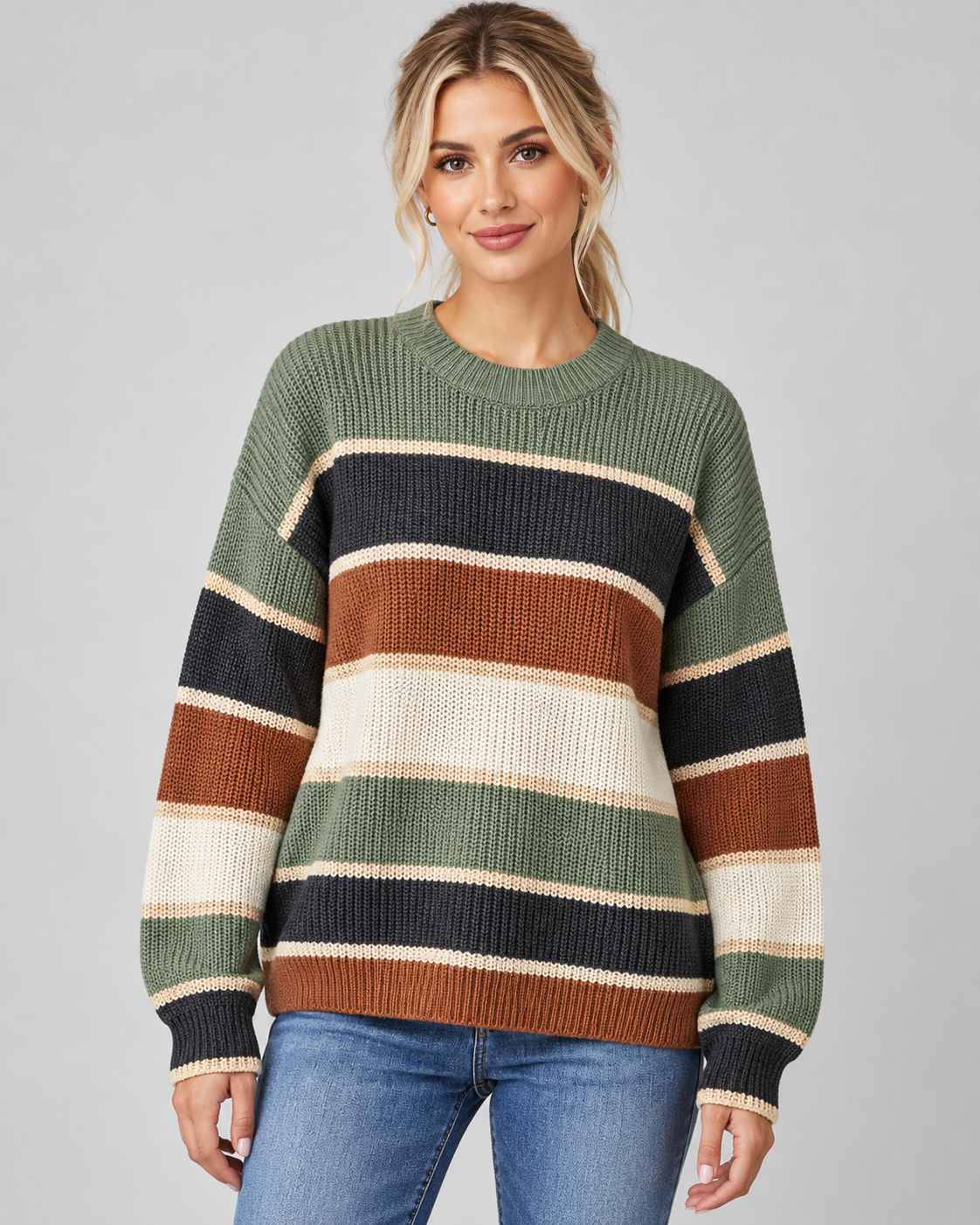Women's Color Block Knit Sweater - Crew Neck Relaxed Fit