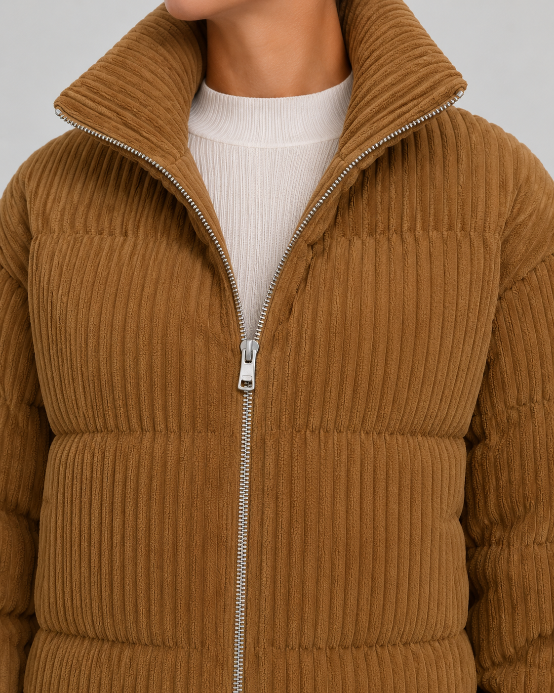 Women's Corduroy Puffer Jacket with Funnel Neck