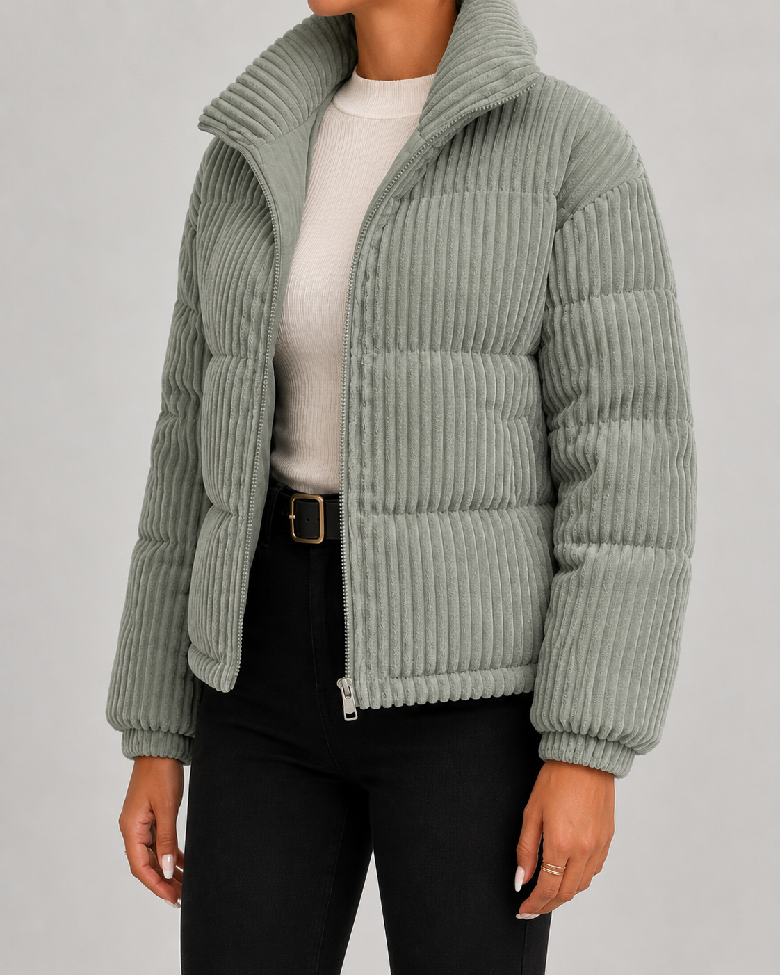 Women's Corduroy Puffer Jacket with Funnel Neck