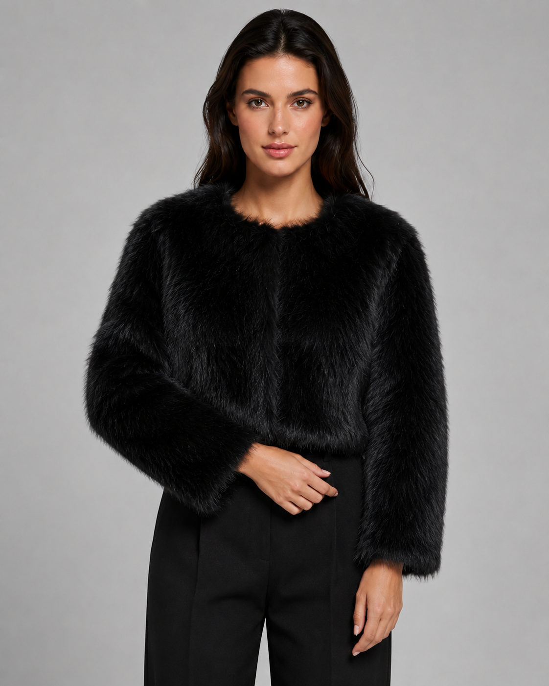 Women's Collarless Cropped Faux Fur Jacket