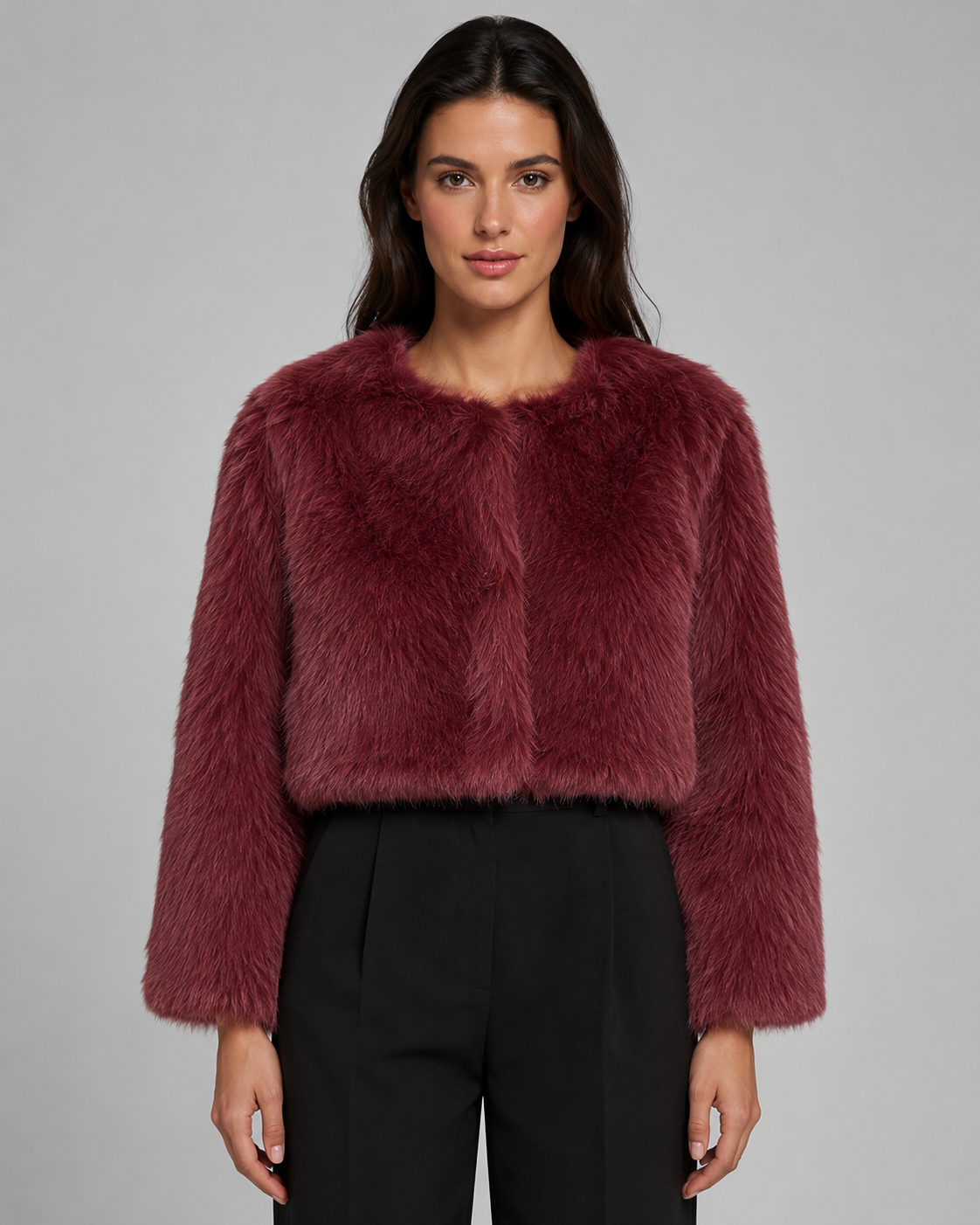 Women's Collarless Cropped Faux Fur Jacket