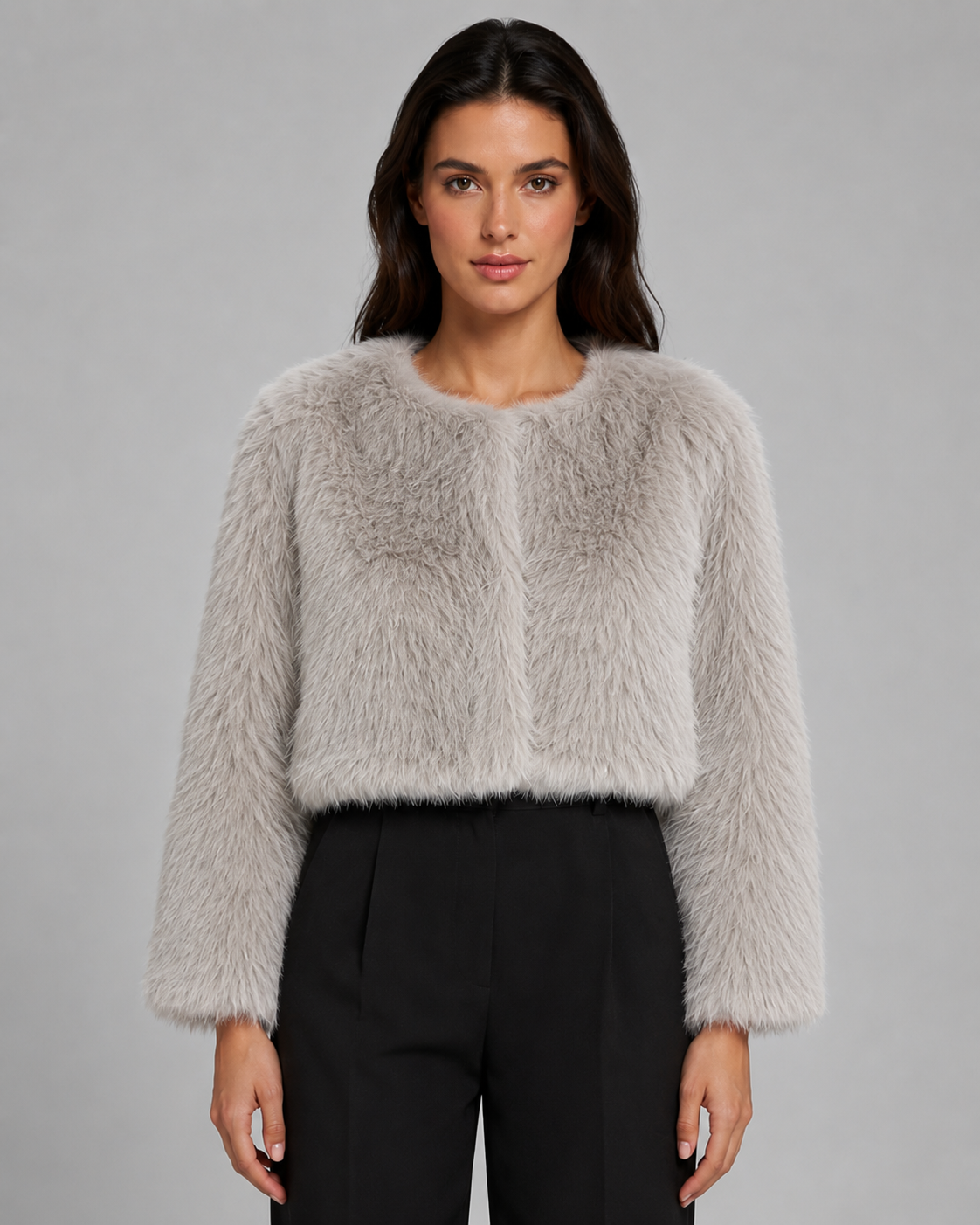 Women's Collarless Cropped Faux Fur Jacket