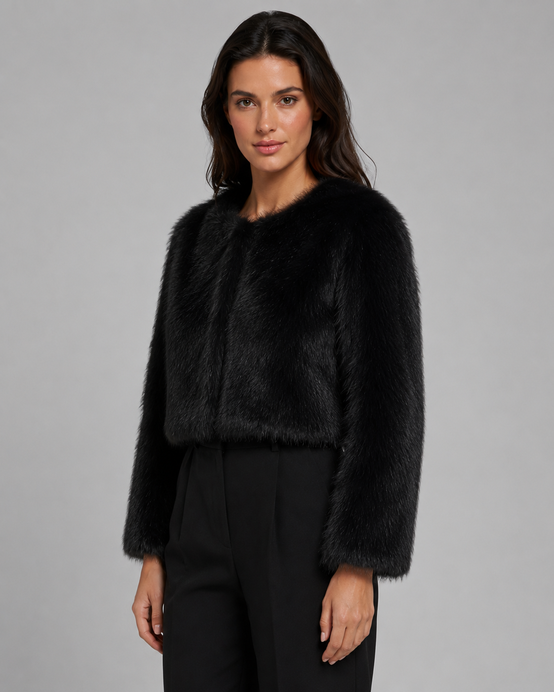 Women's Collarless Cropped Faux Fur Jacket