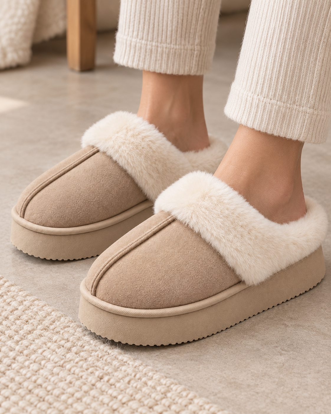 Women's Fur-Trim Platform Slippers - Closed Toe Backless