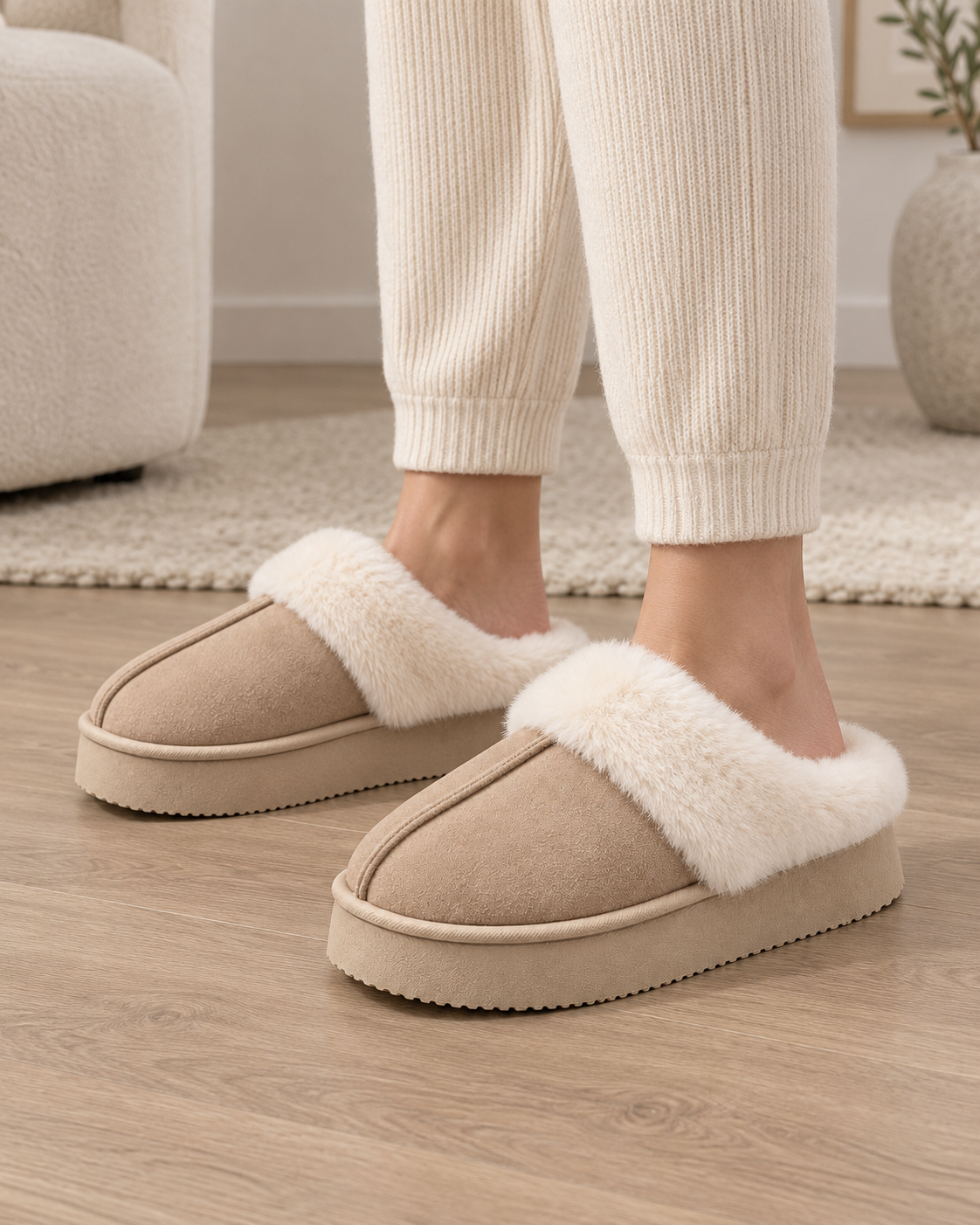 Women's Fur-Trim Platform Slippers - Closed Toe Backless