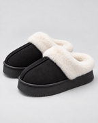 Women's Fur-Trim Platform Slippers - Closed Toe Backless